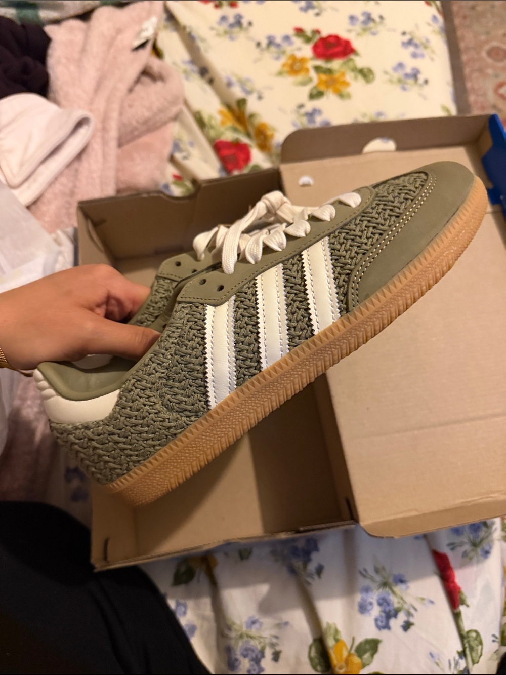 adidas Olive Woven Trainer with White Stripes and Gum Sole - Picture 3 of 4